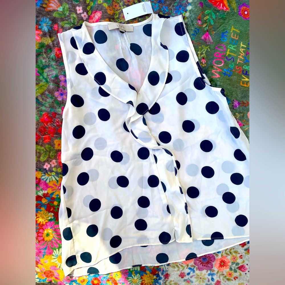 Loft Polka Dot Top White Navy Blue Small New